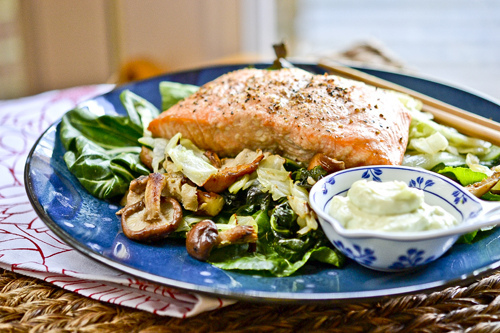 Wasabi Salmon with Bok Choy Green Cabbage and Shiitakes 4