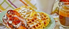 Waffles with Honey-Caramelized Peaches & Crème Fraiche
